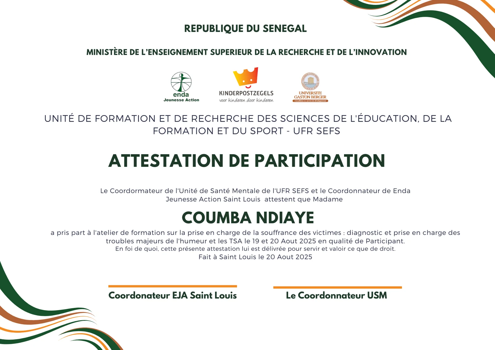 Attestation de participation de Coumba Ndiaye à l'atelier de formation des 19 et 20 août 2025